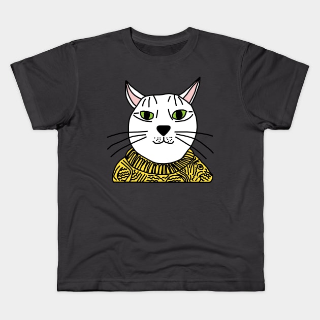 Portrait of Yellow Sweater Cat Kids T-Shirt by ellenhenryart